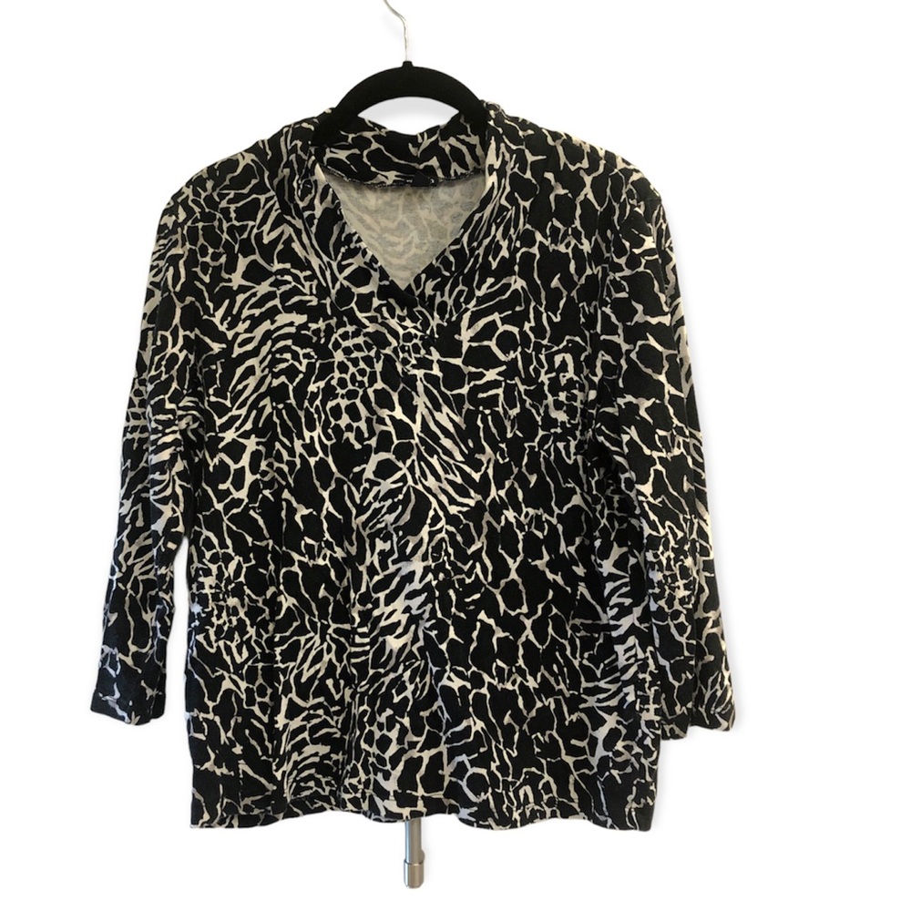 Rafaella, Black and White Top, V-Neck, 3/4 Sleeves, XL, 100% Cotton